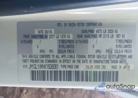 2019 Mazda Mazda6 Touring из США, поврежденный, VIN JM1GL1VMXK1508061